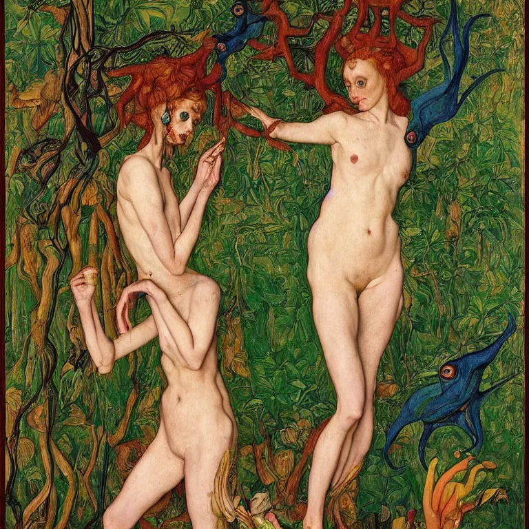 Image similar to a dryad venus, transforms herself into a tropical alien fish. her face in strangely long and she has goat pupils. in the forest around her are colorful tropical birds and orchids. painted by jan van eyck, egon schiele and max ernst, trending on artstation, 8 k, award winning