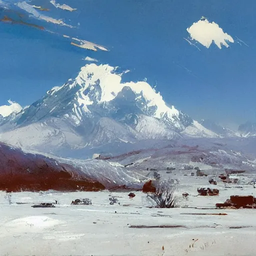 Prompt: clean grassland, snow - capped mountains in the distance, clouds in the sky, john berkey