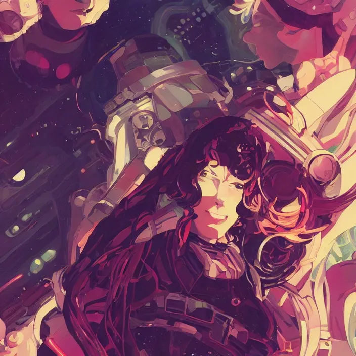 Image similar to anime portrait space pirate captain, futuristic science fiction, mucha, hard shadows and strong rim light, art by jc leyendecker and atey ghailan and sachin teng