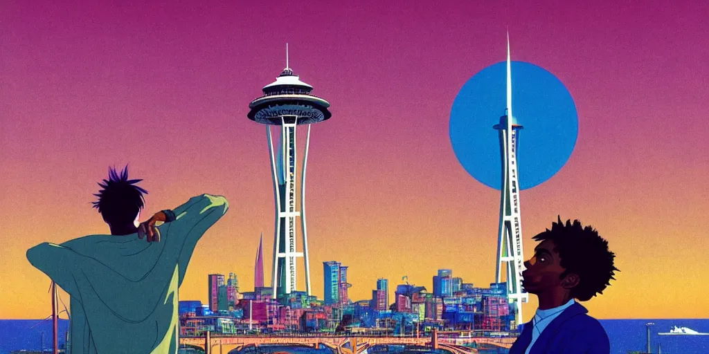 Image similar to playboi carti posing in front of the space needle, acid and dreaming psychedelic hallucinations, by kawase hasui, moebius and edward hopper, colorful flat surreal design, hd, 8 k, artstation