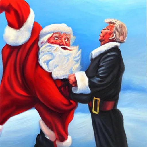 Image similar to detaile oil painting of santa claus beating up donald trump