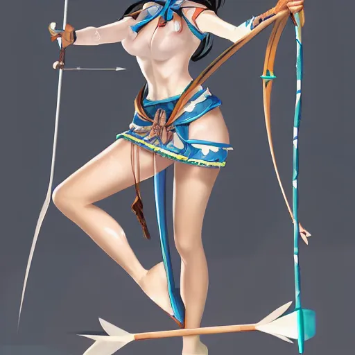 Image similar to an anime woman in an outfit made of water is doing a trick with bow and arrow, concept art by senior character artist, polycount contest winner, process art, concept art, 2d game art, full body, mid shot, artstation hd