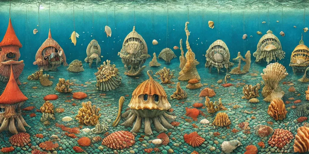 Image similar to underwater city inside!! the seashell, seaweed, corals, carps, koi fish, small scandinavian!!! houses, little people!!!, by jacek yerka by levitan, surrealistic painting, masterpiece, oil painting, sharp focus, highly detailed, intricate, smooth, 8 k,