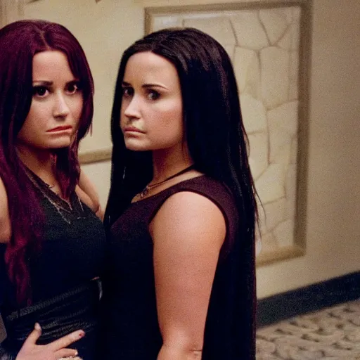 Image similar to Demi Lovato as Piper Halliwell and Selena Gomez as Phoebe Halliwell and Ariana Grande as Prue Halliwell in a Charmed movie directed by Christopher Nolan, movie still frame, promotional image, imax 35 mm footage