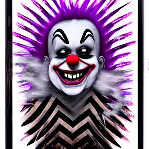 Image similar to Evil clown Big smiling mouth, black round nose, spiky hair, worn striped tank top emerging from a digital tablet. Very textured, hyper detailed, fog ambience cinematic, purple light, dark