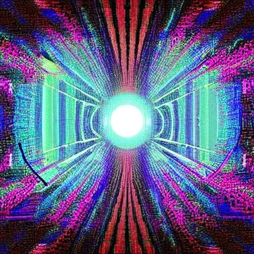 Image similar to a glitch in a cosmic metaverse, path leading to dilated pupil eye, consciousness rising, glitch art, pixelart, mystic art