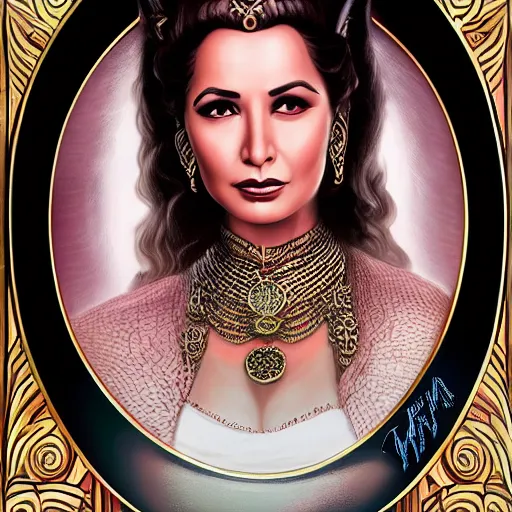 Image similar to a detailed fantasy character portrait of faten hamama as goddess of noir films by lauri blank, artgerm, evelyn de morgan, 8K, 50mm lens