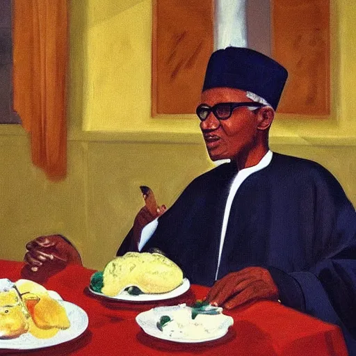 Prompt: president muhammadu buhari sitted at a lavish banquet with a large bastion of chicken minimalist solid background the great feast regal ornamental in the style of edward hooper and henri matisse oil painting