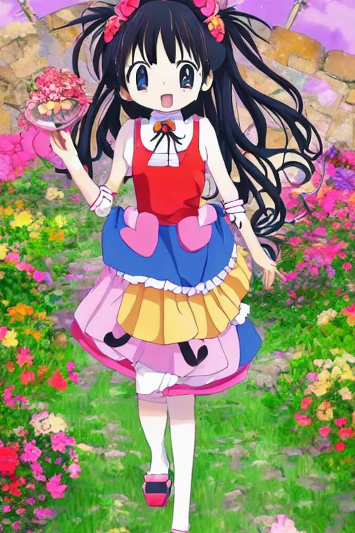 Image similar to a very cute art of a smiling anime girl idol wearing a colorful dress, walking at the garden, walking over a skeleton, in the style of anime, near a stone gate