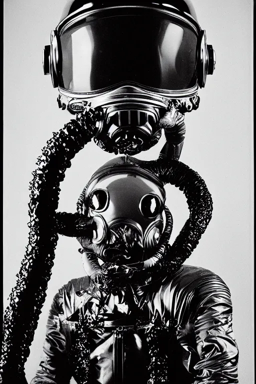 Image similar to extremely detailed studio portrait of space astronaut, alien tentacle protruding from eyes and mouth, slimy tentacle breaking through helmet visor, shattered visor, full body, soft light, plain studio background, disturbing, shocking realization, award winning photo by richard avedon