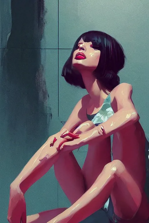 Image similar to a ultradetailed beautiful painting of a stylish woman sitting on the floor of a tiled room, by greg rutkowski, conrad roset, and ilya kuvshinov trending on artstation