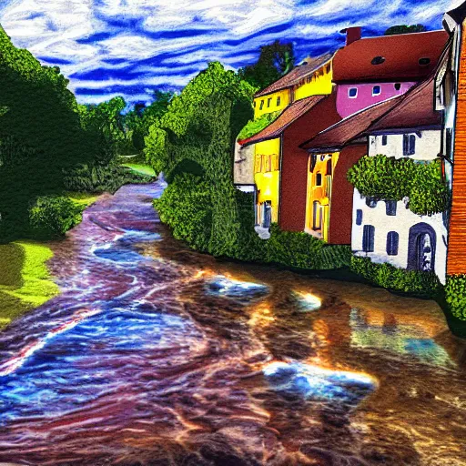 Image similar to digital art painting of a river running through a european town, very mediocre, not detailed at all.