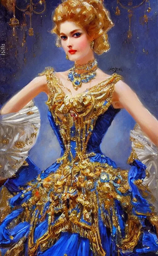 Image similar to Elegant Mecha laydy in blue victorian dress with gold ornaments. By Konstantin Razumov, highly detailded