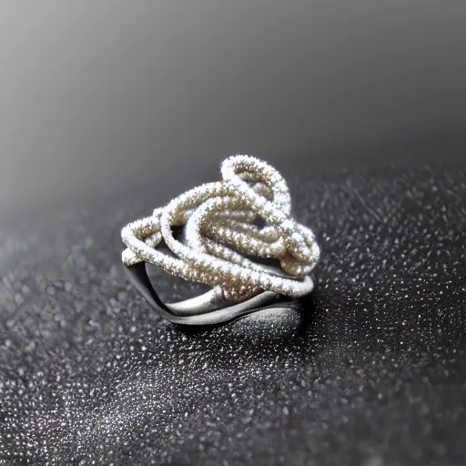 Image similar to hd photo of a diamond futuristic ring with tentacles and pearls by cartier, denoise, deblur