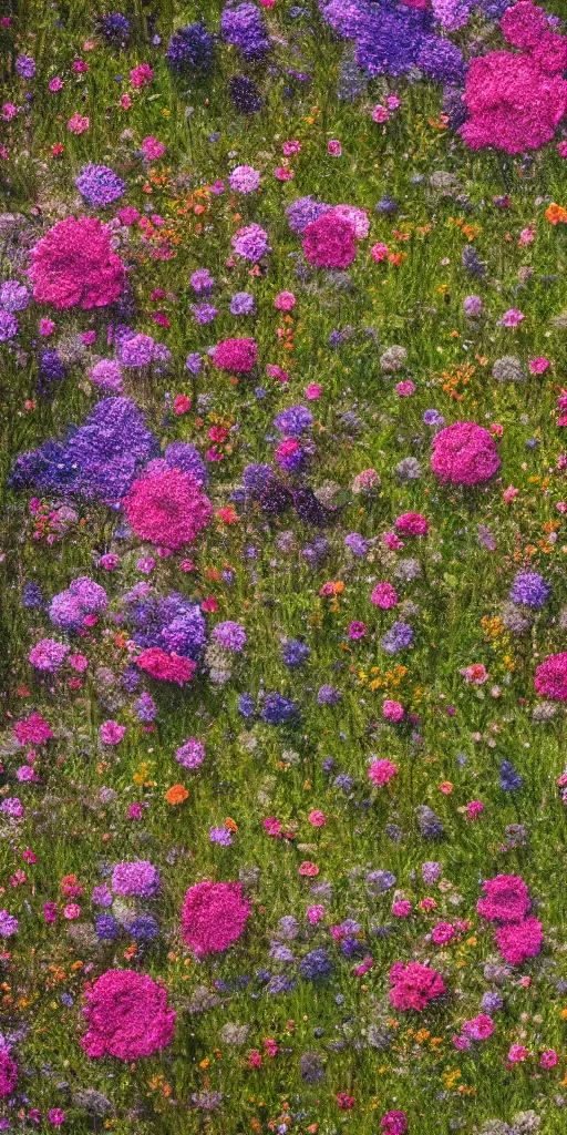 Image similar to an aesthetic field of flowers, alpines, greg rutkowski, zabrocki, karlkka, jayison devadas, trending on artstation, 8 k, ultra wide angle, zenith view, pincushion lens effect