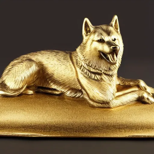 Image similar to gold sculpture of a husky, highly detailed, engraved