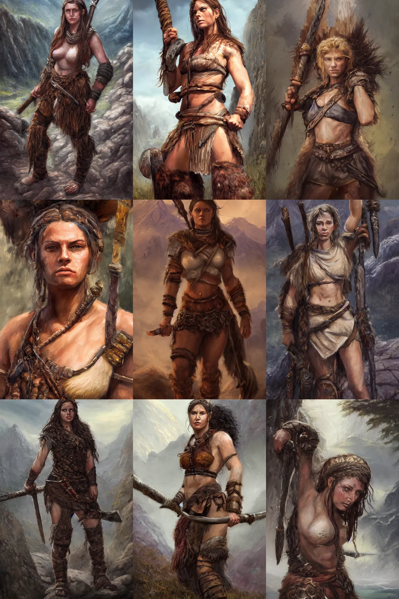 Image similar to a full body high detail fantasy portrait oil painting illustration of a single young rugged stoic barbarian woman by Justin Sweet with face and body clearly visible, in a scenic background, pupils visible, realistic proportions, d&d, rpg, forgotten realms, artstation trending, high quality, sombre mood, artstation trending, muted colours, no crop, entire person visible!, natural light, Adobe Photoshop, Adobe Lightroom, photolab, Affinity Photo,