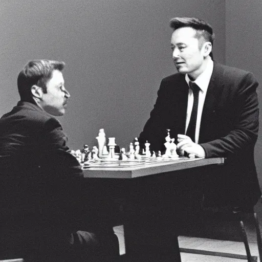 Image similar to elon musk playing chess with zdzisław beksinski