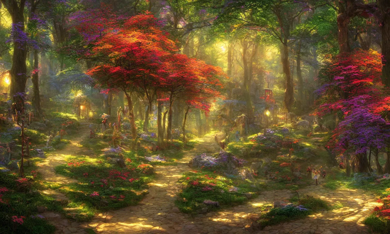 Prompt: a fairy tale forest painted by Thomas Kinkade, vivid colors, high details, cinematic, 8k resolution, beautiful detailed, photorealistic, digital painting, artstation, concept art, smooth, sharp focus, illustration, fantasy background, artstation trending, octane render, unreal engine