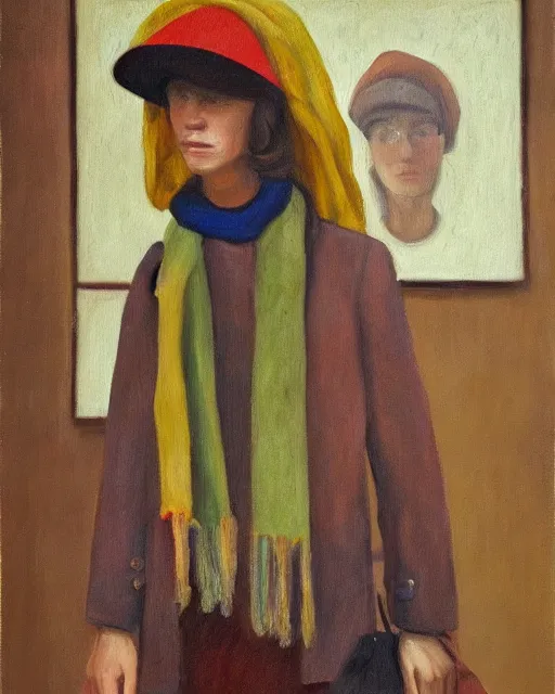 Prompt: a painting of a person wearing a hat and scarf, an oil on canvas painting by Luc Tuymans, featured on reddit, synthetism, oil on canvas, academic art, art on instagram