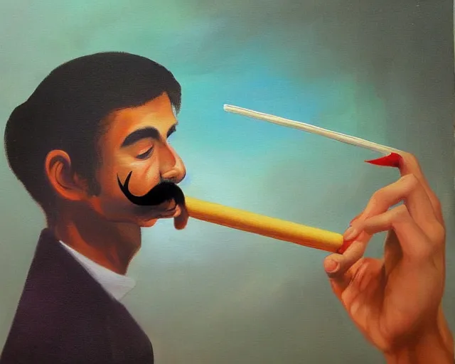 Image similar to a surreal painting of a young man with a fu manchu mustache smoking a joint