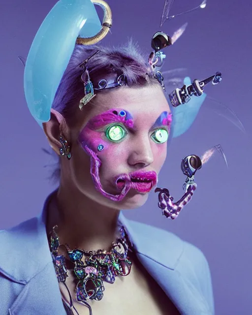 Image similar to natural light, soft focus portrait of a cyberpunk anthropomorphic fly with soft synthetic pink skin, blue bioluminescent plastics, smooth shiny metal, elaborate ornate jewellery, piercings, skin textures, by annie leibovitz, paul lehr