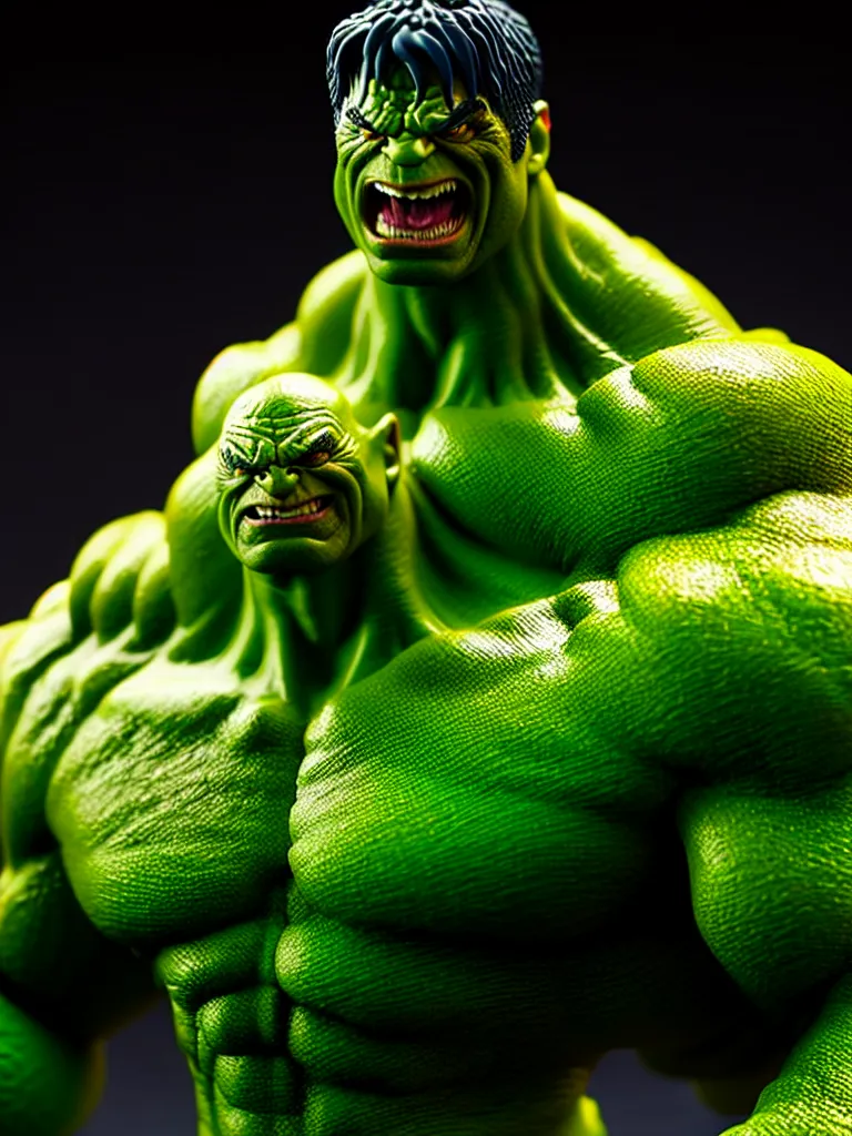 Image similar to hyperrealistic rendering, hulk by bernie wrightson and killian eng and joe fenton, product photography, action figure, sofubi, studio lighting, colored gels, colored background