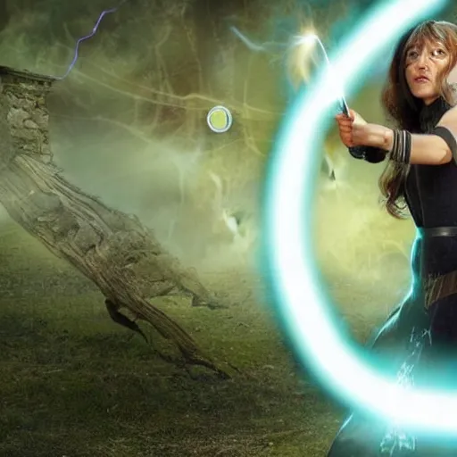 Image similar to a female fantasy wizard shooting a beam of energy at an object off screen, eyes serious cool look,