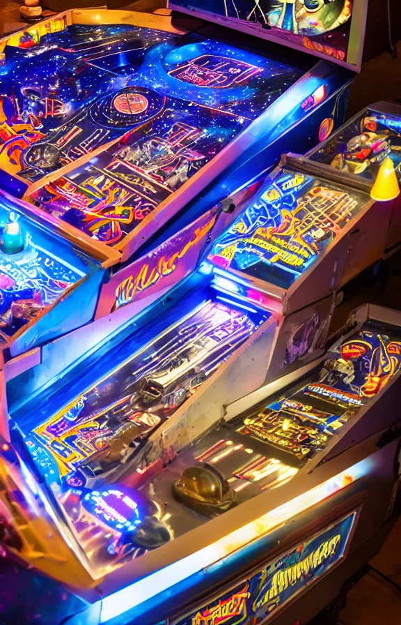 Prompt: Overhead shot of a lit up space-themed retro pinball machine in an arcade, detailed, studio lighting