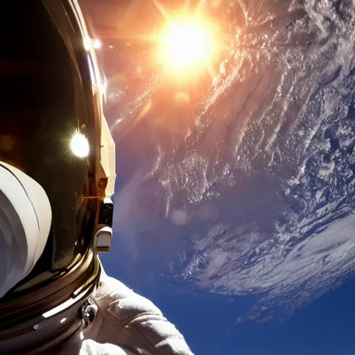 Image similar to a close up photo of an astronaut floating in space. his helmet visor is dark and reflective. you can see the reflection of the photographer in his helmet visor.