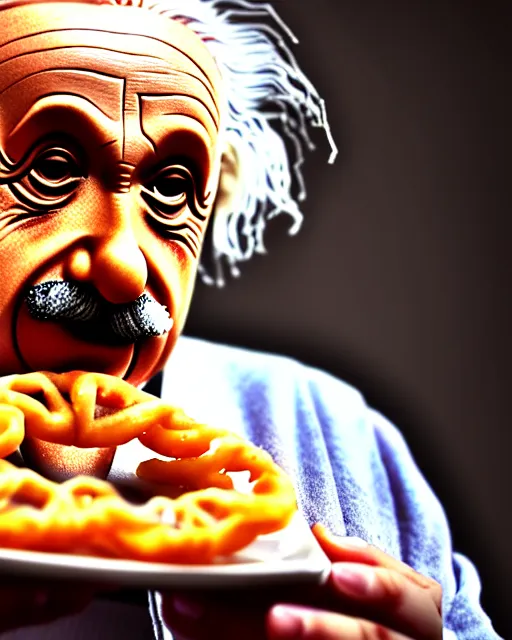 Image similar to A photo of Albert Einstein eating jalebi, highly detailed, trending on artstation, bokeh, 90mm, f/1.4