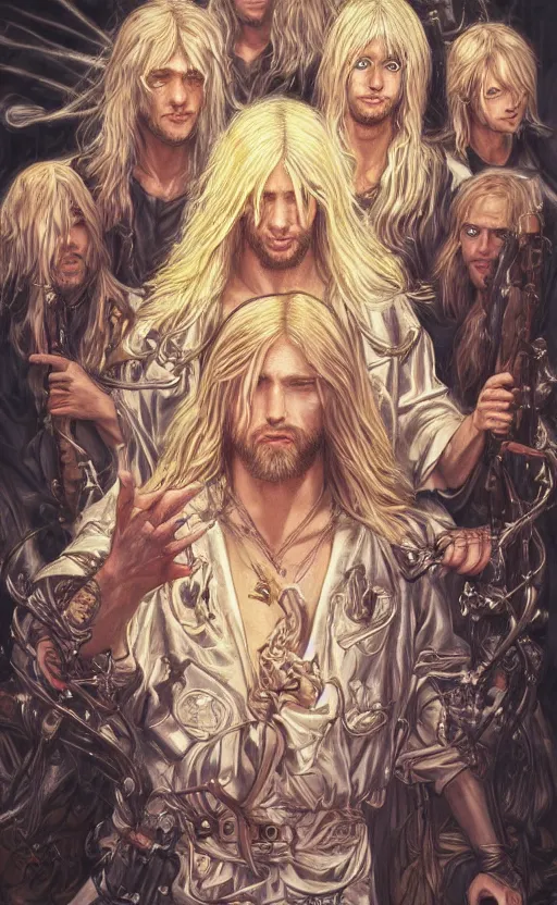 Image similar to Blond Jesus on Metal Band Cover, by Ayami Kojima, studio ghibli, cinematic lighting, intricate, highly detailed, digital painting, trending on artstation, Illustration, epic scale