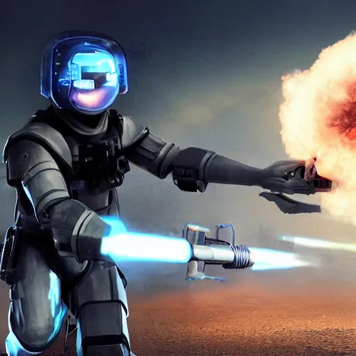 Image similar to movie photograph of an old man who is a veteran of many futuristic wars with short gray hair and blue eyes. he is wearing a light gray futuristic suit of heavy combat armor and holding a blaster in one hand and a plaster plasma - proof shield in the other. riding a white armored motorcycle charging into enemy lines while firing plasma bolts. futuristic battle.