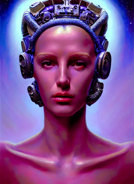 Prompt: cinematic bust portrait of psychedelic princess, head and chest only, exotic alien features, Tim Hildebrandt, Wayne Barlowe, Bruce Pennington, donato giancola, larry elmore, oil on canvas, masterpiece, trending on artstation, featured on pixiv, cinematic composition, dramatic pose, beautiful lighting, sharp, details, hyper-detailed, HD, HDR, 4K, 8K