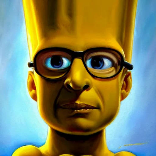 Image similar to detailed portrait of bart simpson intricate, hyper detailed, realistic, oil painting, by julie bell, frank frazetta, cinematic lighting
