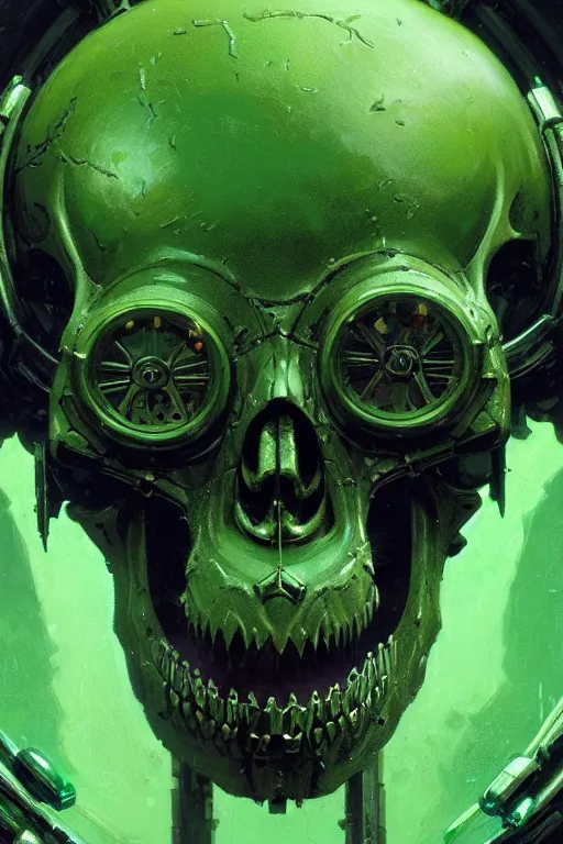 Image similar to extreme close up cybernetic skull with bullets for teeth warhammer 4 0 k extreme detail glowing green portal background portrait dnd, painting by gaston bussiere, craig mullins, greg rutkowski, yoji shinkawa