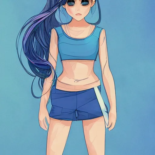 Prompt: if bluetooth was an actual human female, wearing blue crop top with the bluetooth logo on and blue shorts, digital image, character illustration, highly detailed, long blue hair, background of a blue flower field, trending on art station, art, by jason chan