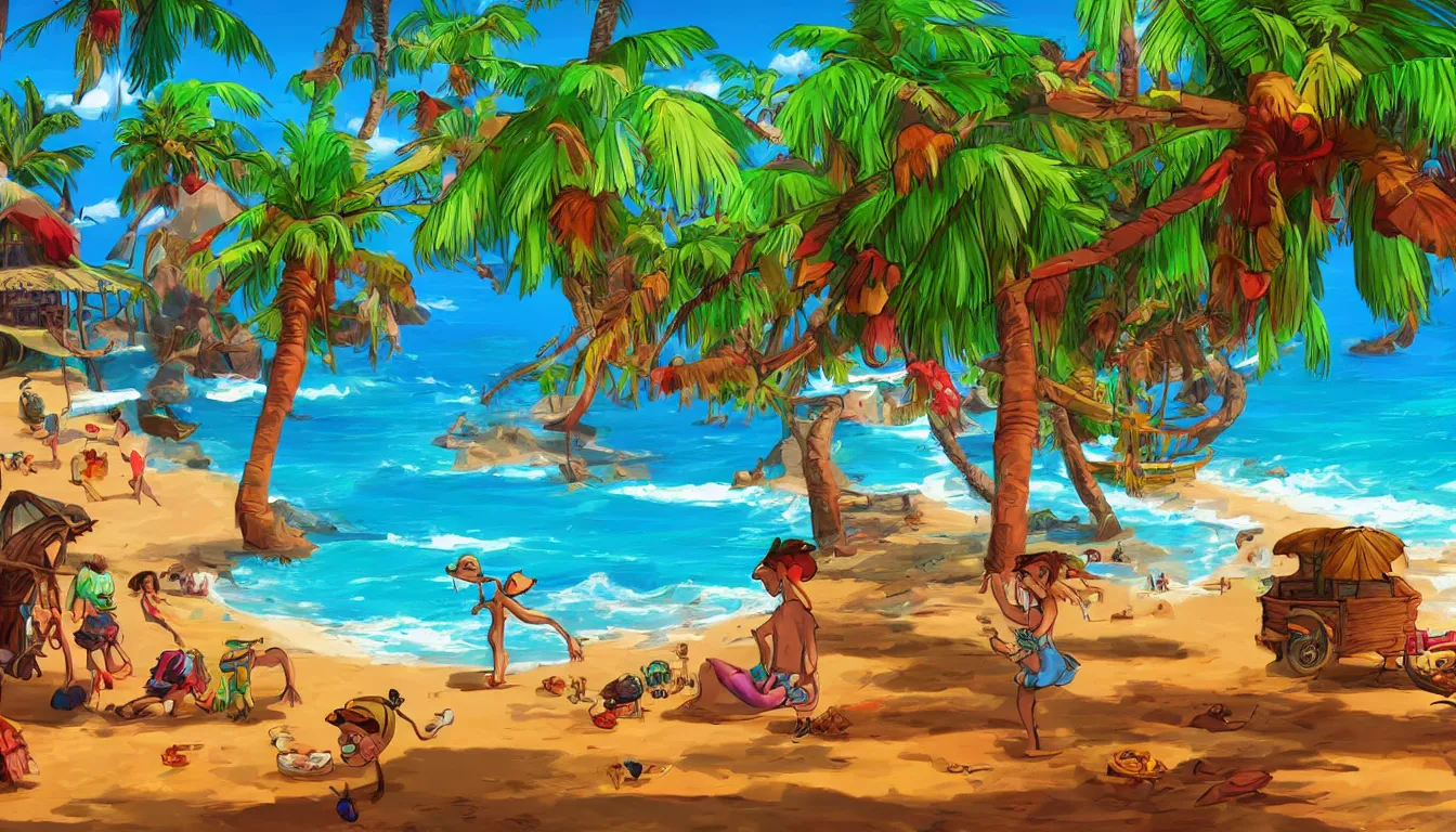 Image similar to a tropical beach scene, The curse of monkey island, animation, high detail, colorful