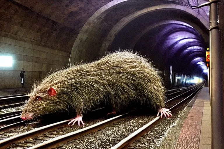 Prompt: very large giant mutant zombie irradiated ( angry rat ) staying on railways in tonnel of moscow subway. tonnel, railways, giant angry rat, furr, fangs, very realistic. extreme long shot, rusty colors, ( herman nitsch, giger ), anish kapoor.