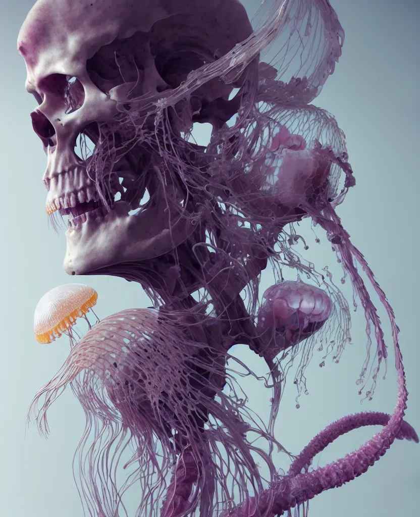 Image similar to goddess close - up portrait human skeleton, ram skull, jellyfish, orchid, betta fish, bioluminiscent, intricate artwork by tooth wu and wlop and beeple. octane render, trending on artstation, greg rutkowski very coherent symmetrical artwork. cinematic, hyper realism, high detail, octane render, 8 k