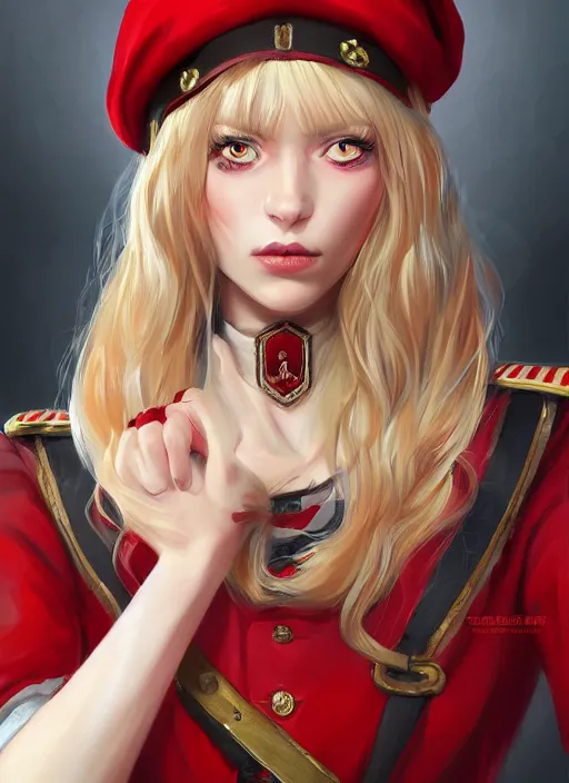 Prompt: a highly detailed illustration of beautiful long dirty blonde haired pale girl wearing red epaulette uniform, wearing beret, red eyes, dramatic seductive pose, intricate, elegant, highly detailed, centered, digital painting, artstation, concept art, smooth, sharp focus, league of legends concept art, WLOP