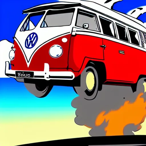 Image similar to a caricature drawing of a vw volkswagen bus, camper, bulli, type - 2, microbus, kombi, flying towards the camera, jumping at the viewer, dynamic action shot, fish - eye lense, frontal, a vulcano is erupting in the background