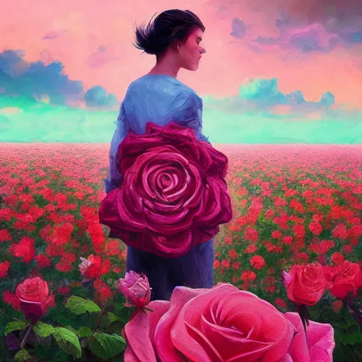 Prompt: large rose for face, girl frontal in a flower field, surreal photography, sunrise dramatic light, impressionist painting, colorful clouds, digital painting, artstation, simon stalenhag