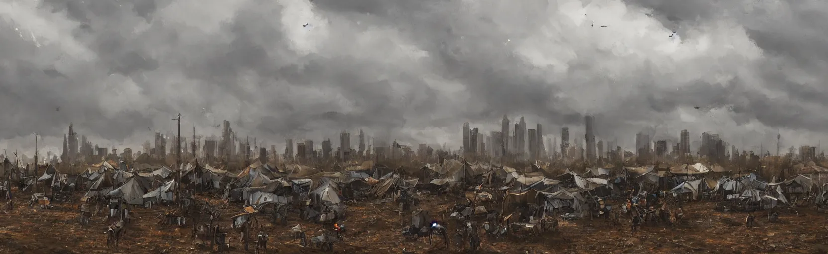 Image similar to cloudy, grey skies, american horseback knights, tent camp in foreground, fortress city of deteriorating office buildings in background upon hill, post apocalyptic, grungy; oil on canvas, artstation