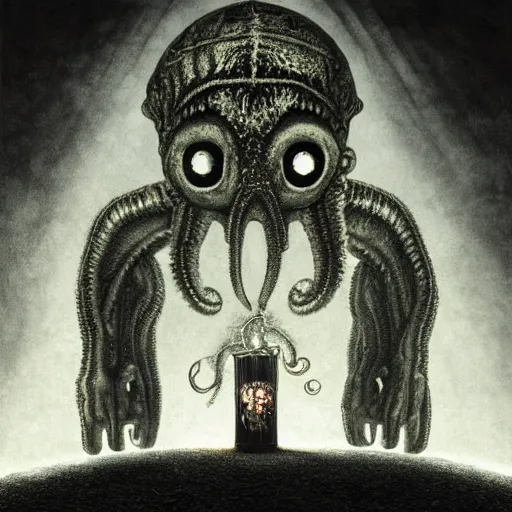 Image similar to lovecraftian mr bucket, surrounded by beams of light dark background by wayne barlow, stanley donwood, anton semenov, zdzislaw bekinski, hr giger, 8 k, fantasy, dark, highly detailed