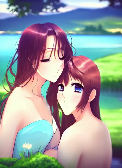 Image similar to two beautiful women out by the lake on a humid summer day, gorgeous faces, thick lines, cinematic lighting, detailed anime art