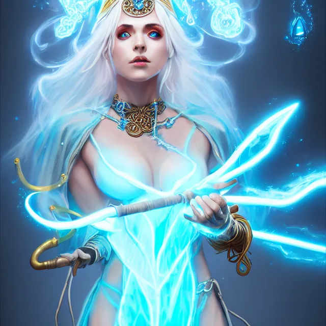 Image similar to beautiful elemental electric witch with ornate light blue robes and staff, highly detailed, 4 k, hdr, smooth, sharp focus, high resolution, award - winning photo, artgerm, photorealistic