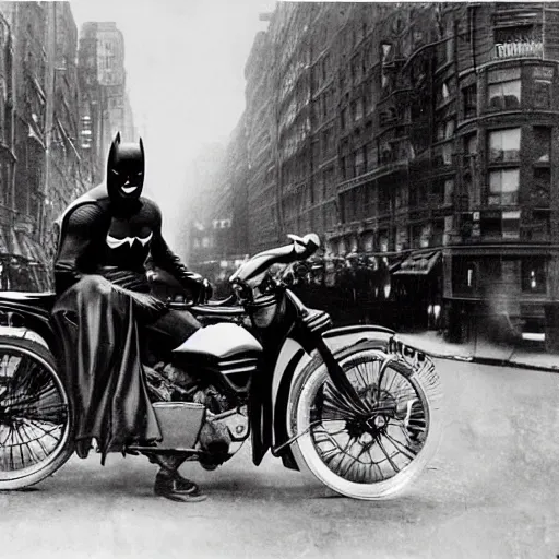 Image similar to old black and white photo, 1 9 1 3, depicting batman on a motorcycle from dark knight rampaging through the bustling streets of new york city, rule of thirds, three - point perspective, historical record