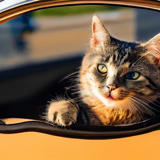 Prompt: cat sitting in driver seat of a cabriolet, paws touching steering wheel, golden hour, top view