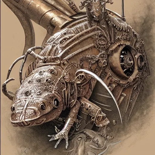 Prompt: steampunk axolotl, masterpiece, intricate, elegant, highly detailed, digital painting, smooth, sharp focus, illustration, art by james gurney, graeme base, brian froud, alan lee